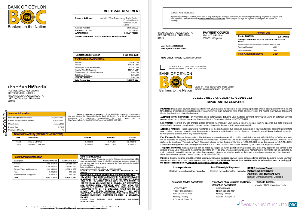 Download Sri Lanka Bank of Ceylon mortgage statement in Word and PDF formats 1 2 Photoshop template
